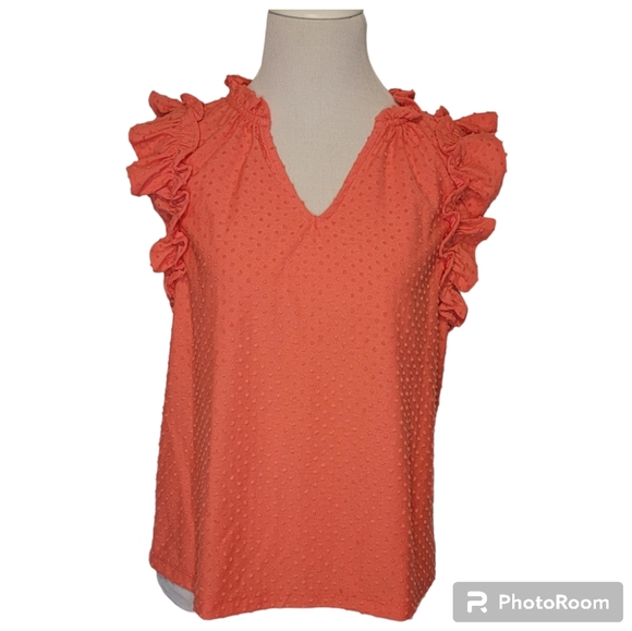 NWT J. Crew Women's Dark Coral Ruffle-Sleeve Clip-Dot Top - L - Picture 2 of 7